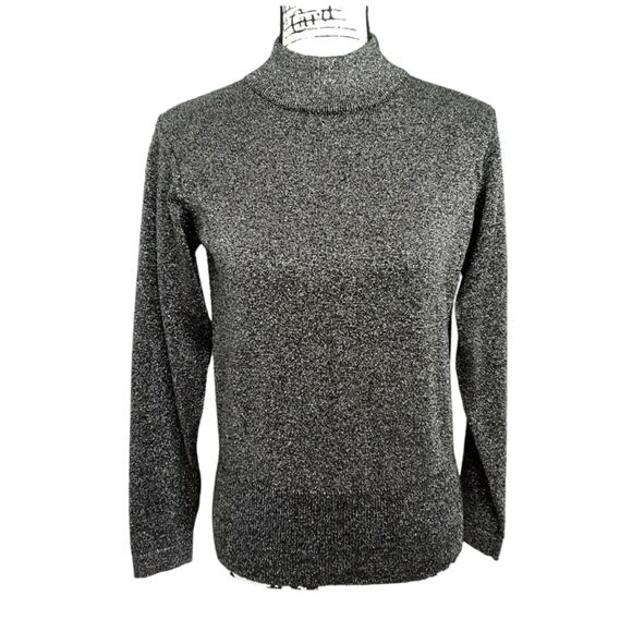 Vintage 1990s Merino Wool Blend Mock Neck Sweater Silver Metallic Quiet Luxury - Picture 1 of 11